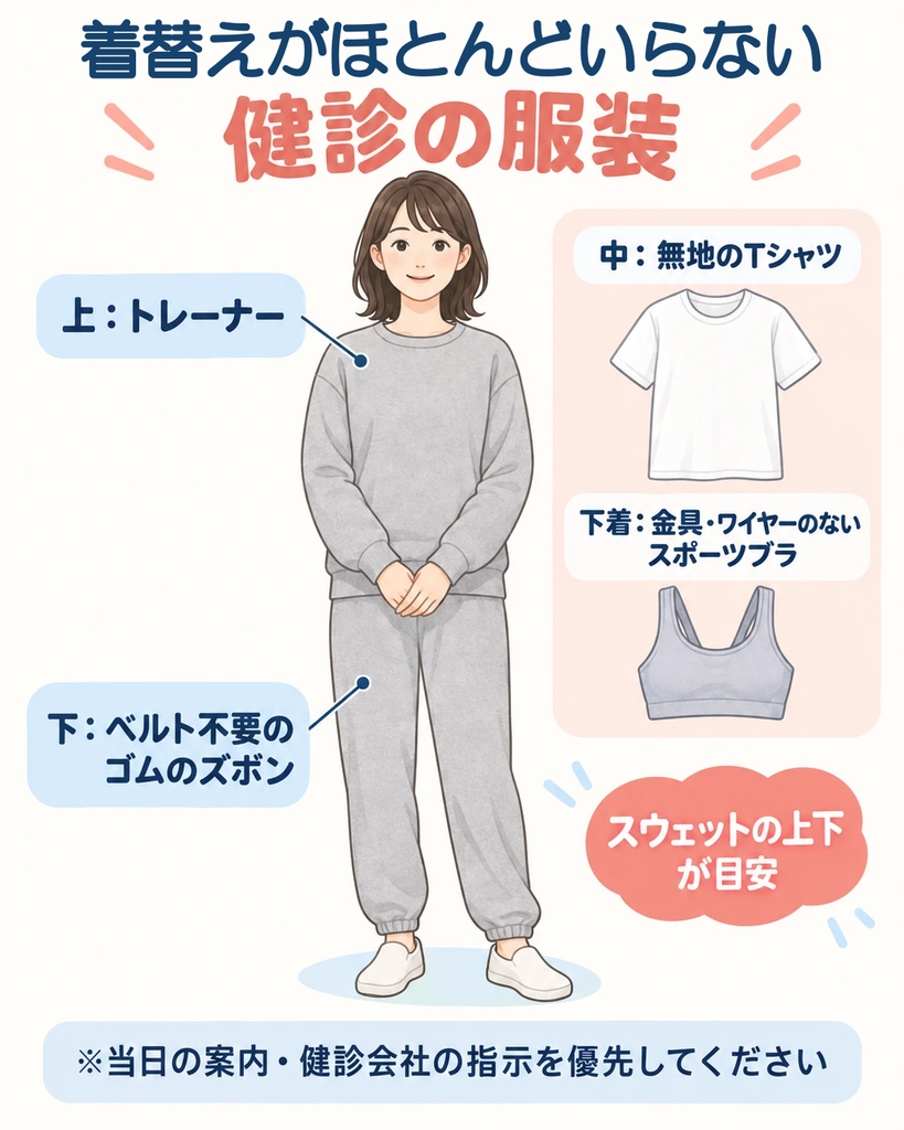 健康診断で着替えがほとんどいらない服装の例。上はトレーナー、中は無地のTシャツ、下着は金具やワイヤーのないスポーツブラ、下はベルトのいらないゴムのズボン。スウェットの上下が目安