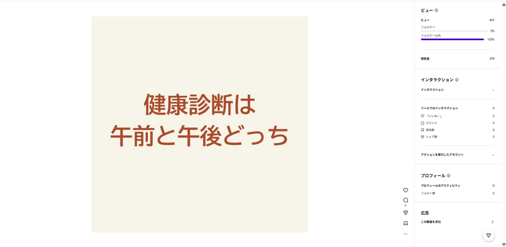 インスタのリールの分析画面。閲覧者379、ビュー457、フォロワー以外100%、いいね・保存・シェア0