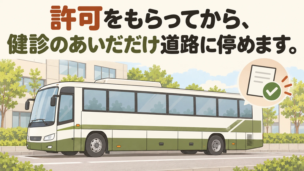 許可をもらってから、健診のあいだだけ道路に停める検診車の図。