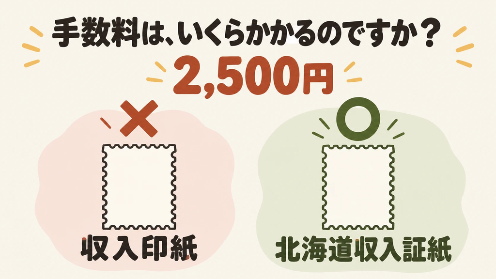 手数料は2,500円。収入印紙ではなく北海道収入証紙で納めることを示す図。