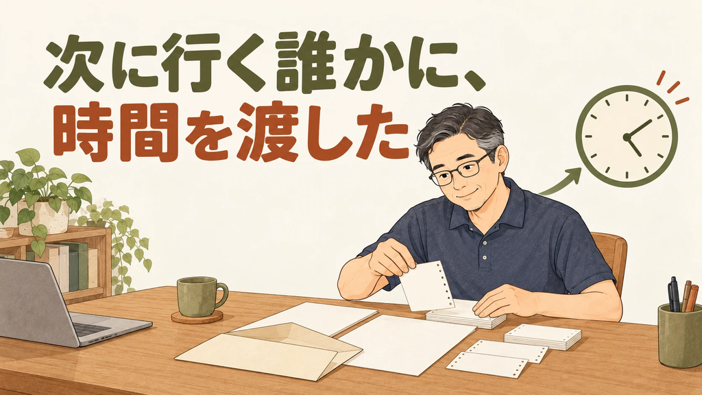 次に行く誰かに時間を渡すために、証紙を先に用意する男性の図。